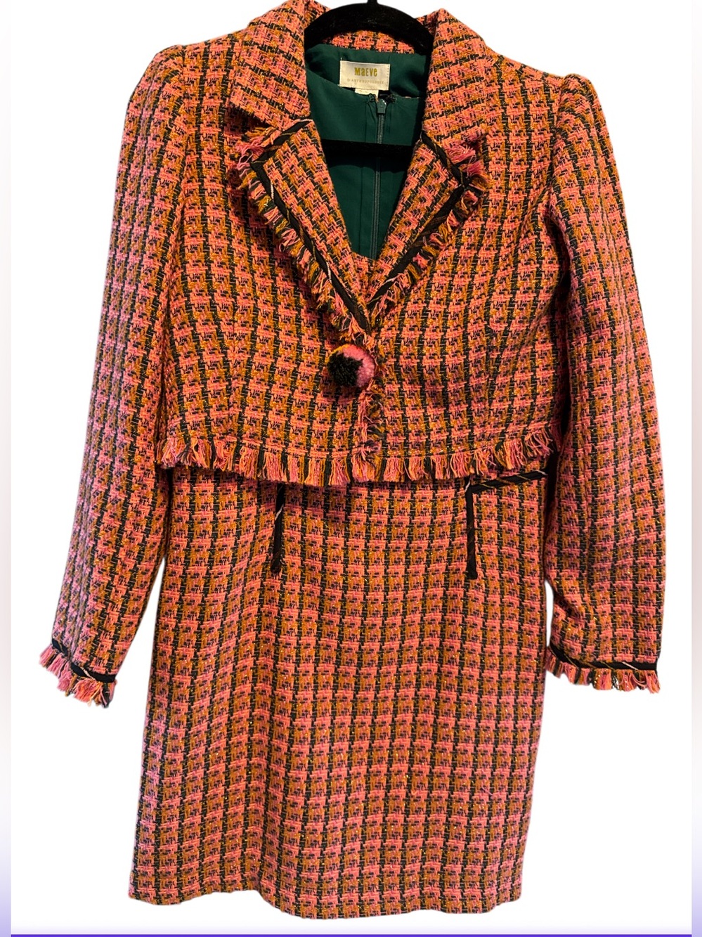 Anthropologie Maeve 2 Pink/Orange Tweed Houndstooth Cropped Blazer & Dress set